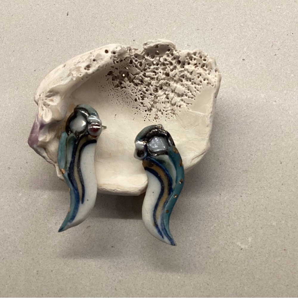 Vintage 80s Artist Made Ceramic Clay Earrings Signed. Wearable Art.